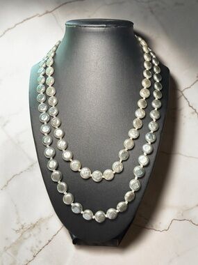 Silver Gray Coin Pearl Double Strand Necklace Hammered Toggle Clasp Statement